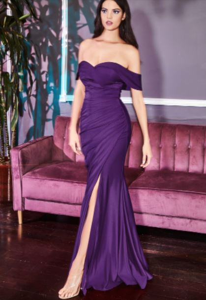 10915 Eggplant. Fitted stretch satin. Off shoulder with split.