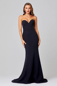 10941  Tania Olsen PO886 Black crepe strapless fit and flare. Size 12.
