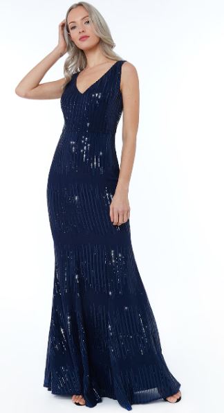 10945 Navy soft sequin on chiffon.  V neck fit and flare. Size 12.