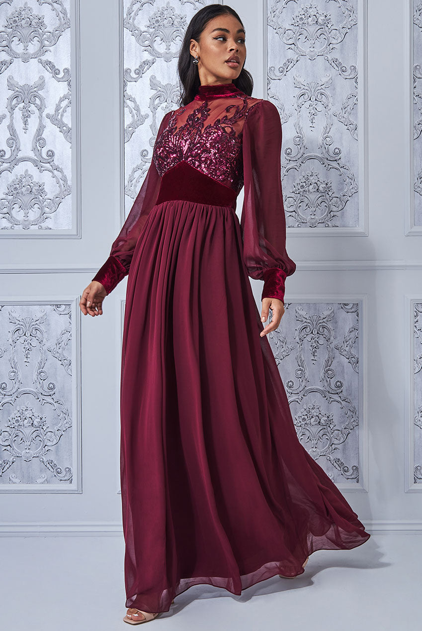 10955. Burgundy chiffon maxi. Long sleeves and sequin bodice. Size 10