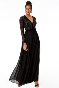 10957. Black chiffon maxi with long sleeves and sequin bodice. Size 10.