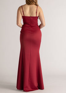 10960B Burgundy Matte Satin. Spag straps, split. Mermaid. Size 8