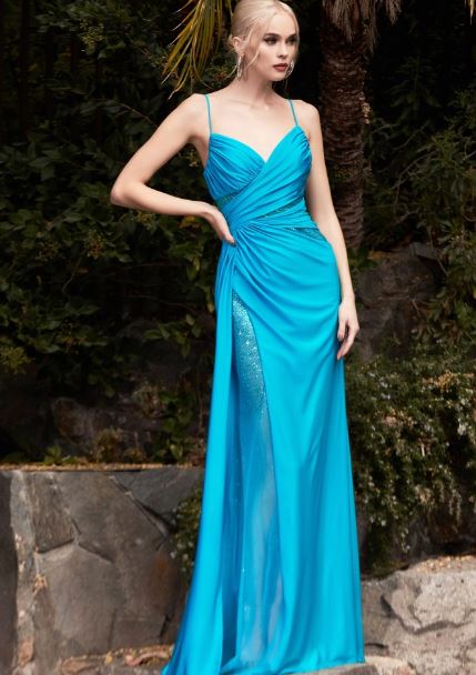 10980 Aqua, stretch satin and rhinestone tulle, fitted dress with low back. Size 10.