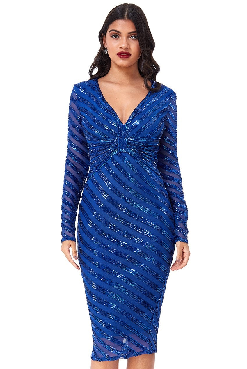 11067 Elegant, royal blue sequin, long sleeve, fitted midi. Bridal & Ball New Zealand 11067 Elegant, royal blue sequin, long sleeve, fitted midi. Bridal & Ball New Zealand