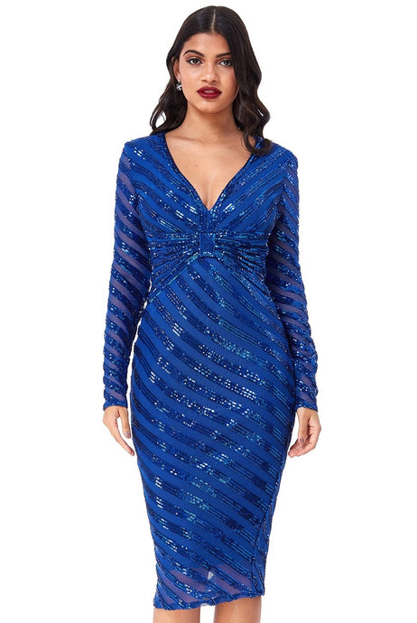 11067 Elegant, royal blue sequin, long sleeve, fitted midi. Size 10