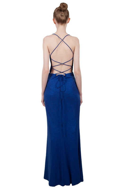 11080 Soft royal sparkle low open back.  V neck.  Split