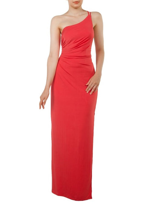 11085 Coral one shoulder. Open back. Side split. Soft, fitted. size 6.