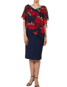 11086 Elegant navy and red midi with chiffon overtop. Size 12 and size 20.