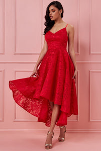 10780 red sweetheart lace high low with full vintage skirt. Size 8