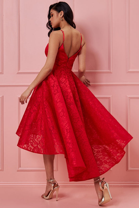 10780 red sweetheart lace high low with full vintage skirt. Size 8