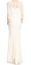 70055. Size 4 bohemian off white chiffon and lace gown with long sleeves