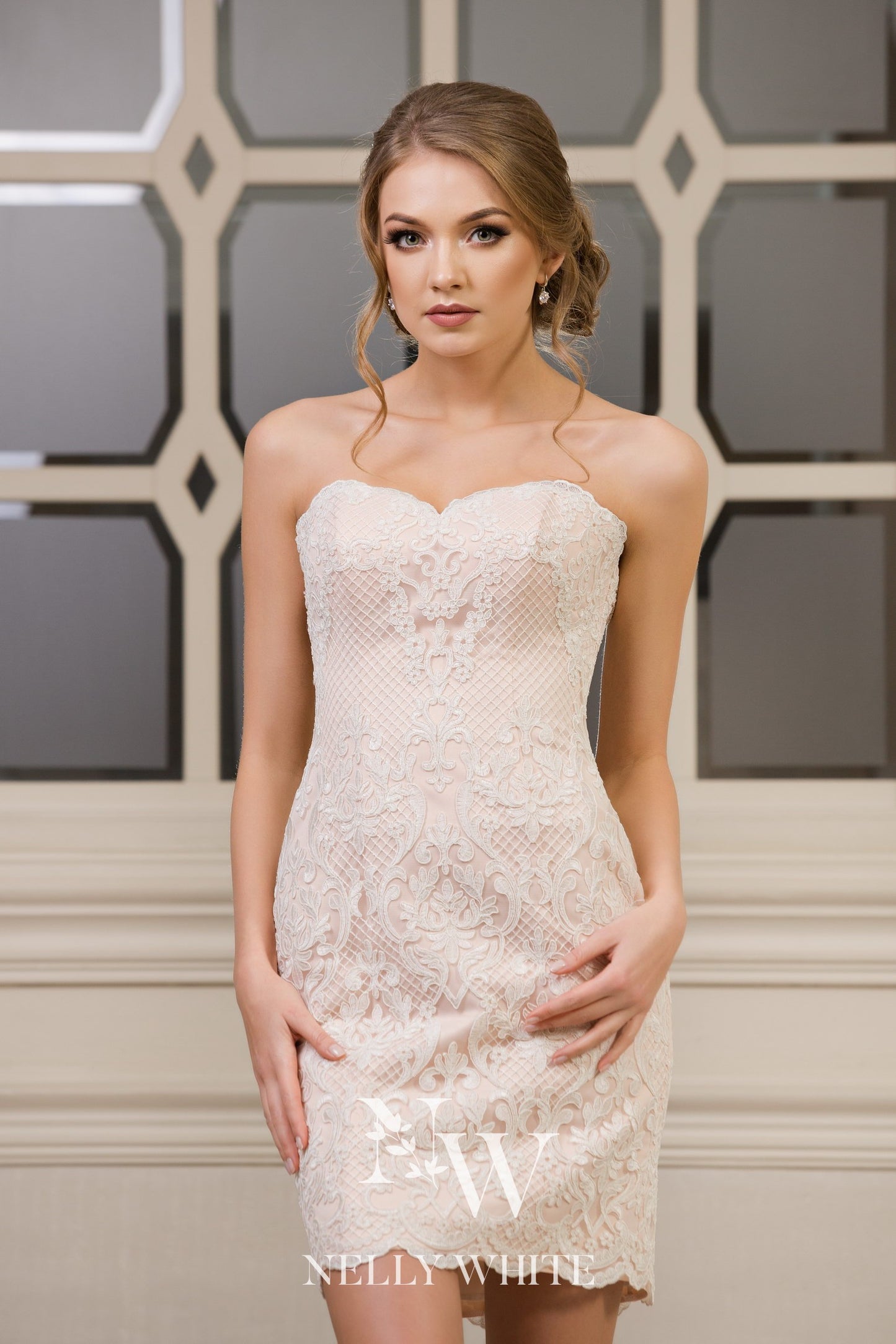 70083 blush mini with stunning hand crafted lace work.