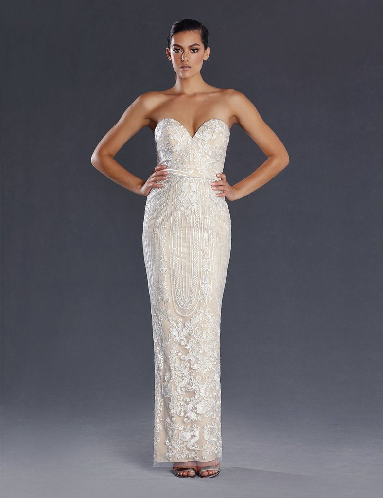 70721 Size 16. Modern strapless, ivory on nude, sheath style lace gown