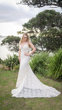 70825 Champagne lace and satin mermaid with pearl detail. size 10