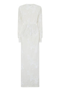 70910 size 14 modern lace v neck , long sleeves and split.