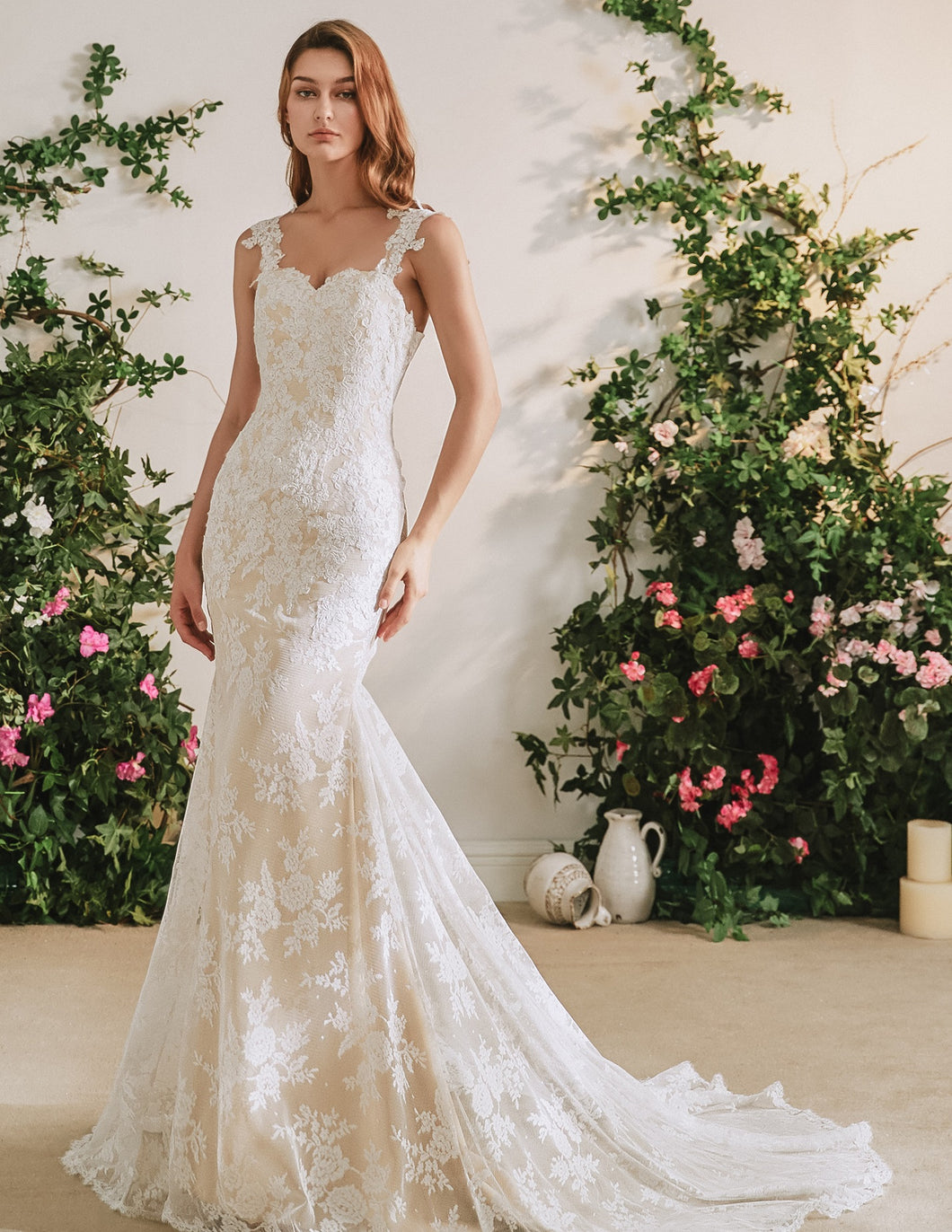 71116 Vintage lace fit and flare wedding gown