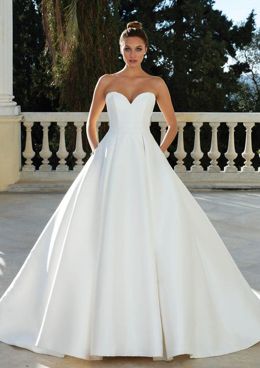 71166 - Strapless, sweetheart, A- line white Mikado Satin.