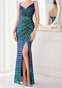 71257 Emerald and blue. Spaghetti straps. Split. Sequin mermaid.