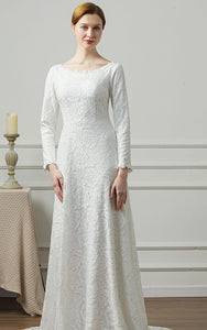 71338 Modest, lace, fit and flare wedding gown with long sleeves