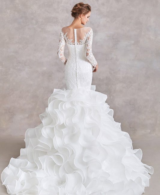 71340 Mermaid wedding dress with long sleeves, lace top and ruffles skirt. Size 6