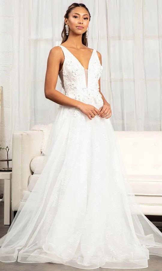 71353  Deep V  Neckline. A line tulle skirt. Low V back. Floral 3D detail.