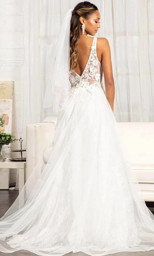 71353  Deep V  Neckline. A line tulle skirt. Low V back. Floral 3D detail.
