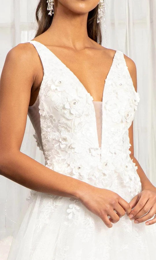 71353  Deep V  Neckline. A line tulle skirt. Low V back. Floral 3D detail.