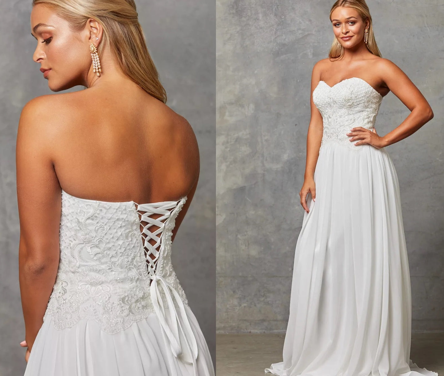 71450 Strapless, corset, beaded bodice. Chiffon skirt.