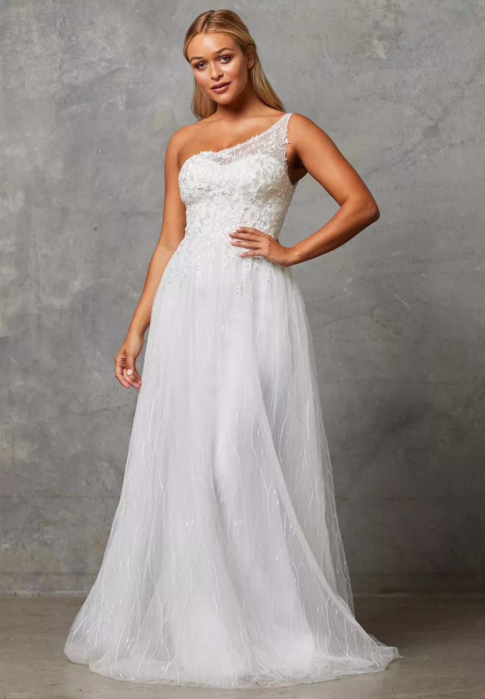 71451 One shoulder lace bodice with a line soft tulle skirt