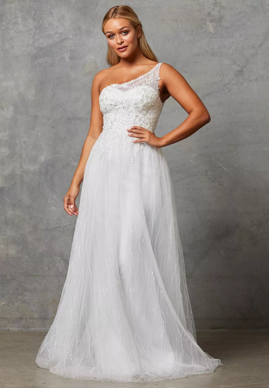 71451 One shoulder lace bodice with a line soft tulle skirt