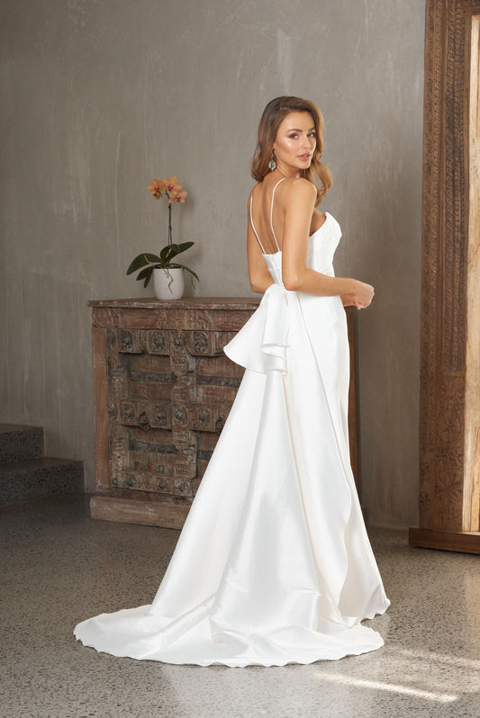 71455, Elegant, stretch satin with detachable train.