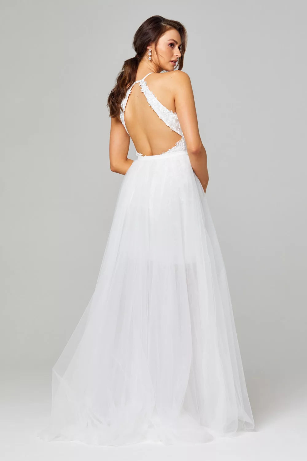 71456 Halter, open back and removable overskirt.