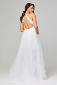 71456 Halter, open back and removable overskirt.