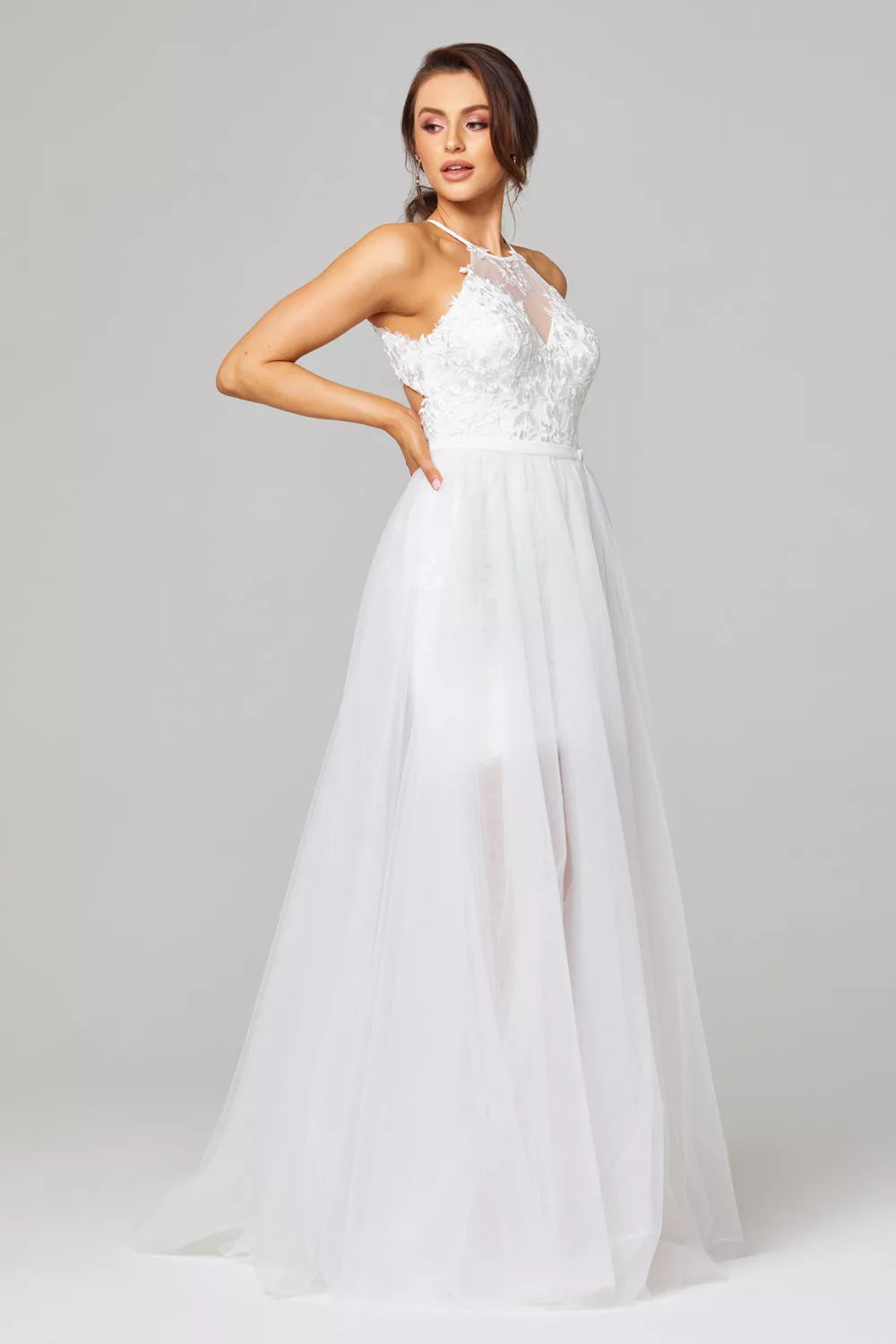 71456 Halter, open back and removable overskirt.