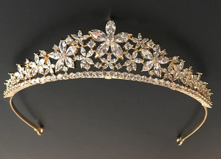 7331 Gold 'Dominique' Tiara with high quality clear crystals.