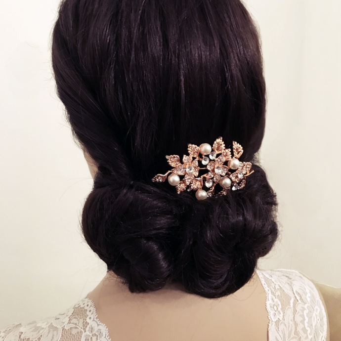 7340 Pearl and crystal rose gold hair comb.