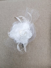 BBFAC2 Classic, elegant white fascinator with central flower, feathers and net.