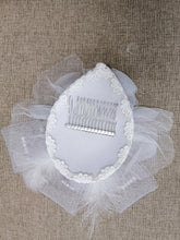BBFAC3 Dainty off white fascinator with textured lace, tulle and diamante with pearl center-piece