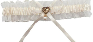 BBG10 White organza bridal garter with gold heart and pearl detail