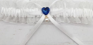 BBG11 White organza bridal garter with blue heart and pearl detail.