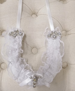BBHS33 White satin bridal horseshoe with diamantes and lace embellishments. Hand crafted in NZ