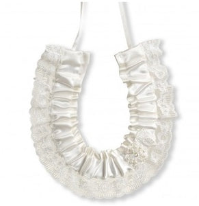 BBHS41 Ivory satin and lace bridal horseshoe with lace applique.