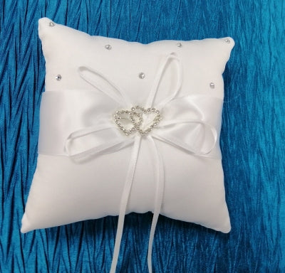 BBRP1  White Satin with diamante hearts Wedding Ring Pillow/ carrier.
