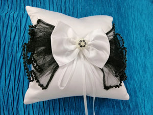 BBRP4  White Satin with black tulle trim Wedding Ring Pillow/ carrier