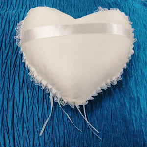 BBRP5  Soft ivory cotton with lace edge. Heart shaped, wedding ring pillow/ carrier