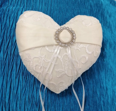 BBRP7  Large, heart shaped, ivory wedding ring pillow/ carrier with embroidery detail and diamante buckle
