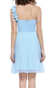 BM055 One shoulder,  light blue, knee length , good quality, cheap bridesmaid dress. size 10 $49 on clearance
