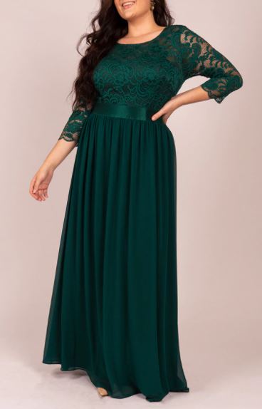 11302 Emerald green. Chiffon with long lace sleeves.