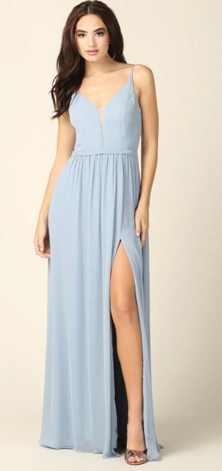 BM1005 Dusty blue.  Spaghetti straps and split. Available to order. $299.00