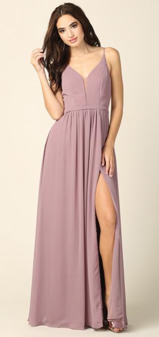 BM1005 Mauve. Maxi length gown. Spaghetti straps and split. Size 10.